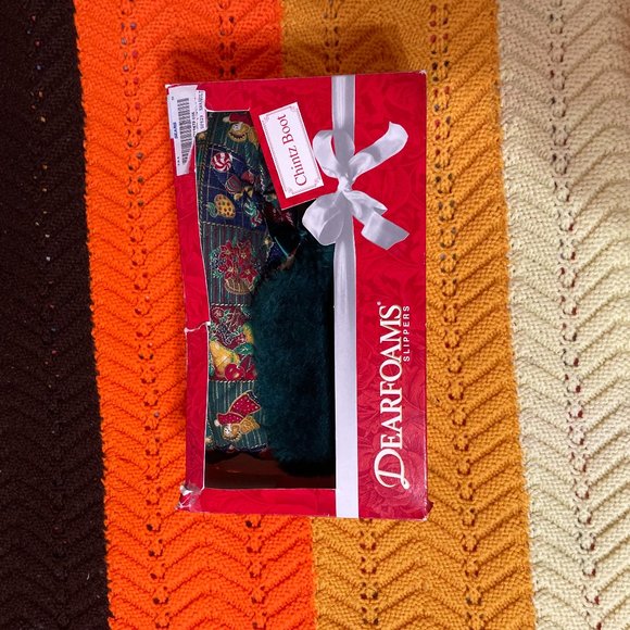 Christmas In the box 80s Sears green fur“Chintz” slipper boots with a nostalgic - Picture 3 of 13